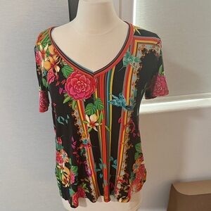 Johnny Was Black Floral Stripe V-Neck Short Sleeve Top
